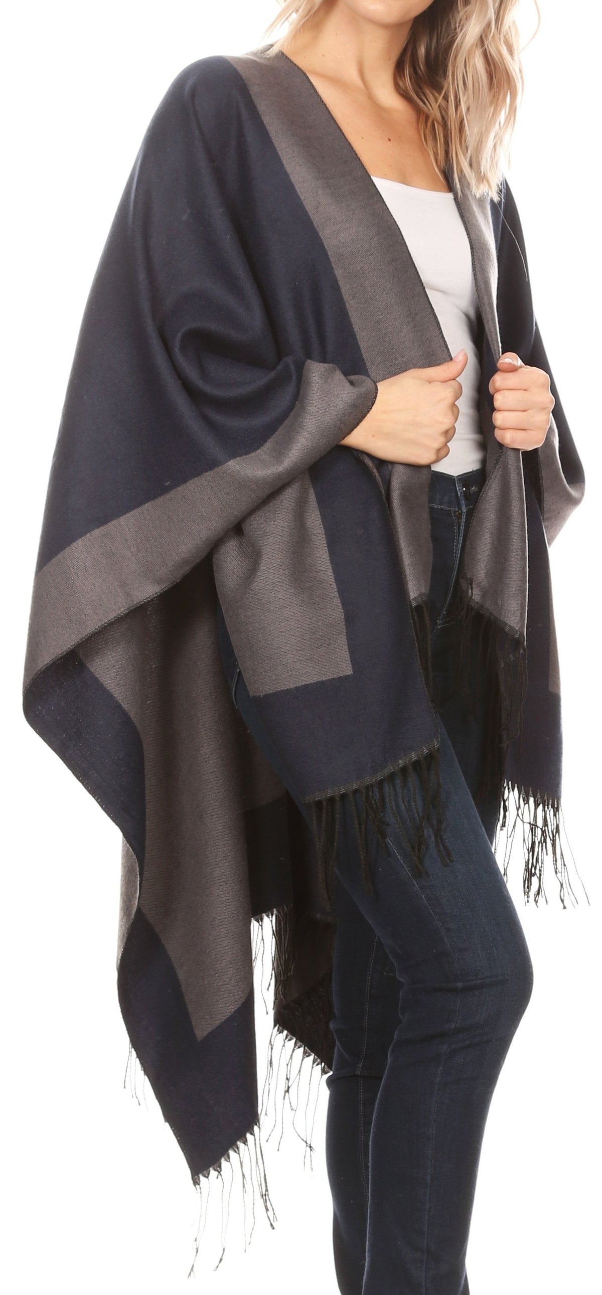 Sakkas Avi Women's Reversible Open Front Poncho Cardigan Ruana Cape Shawl W/Fringe