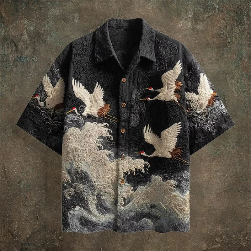 Embossed Flying Crane and Wave Printing Casual Short Sleeved Shirt