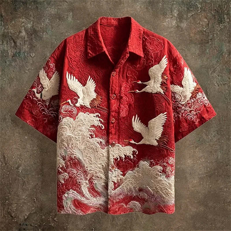 Embossed Flying Crane and Wave Printing Casual Short Sleeved Shirt
