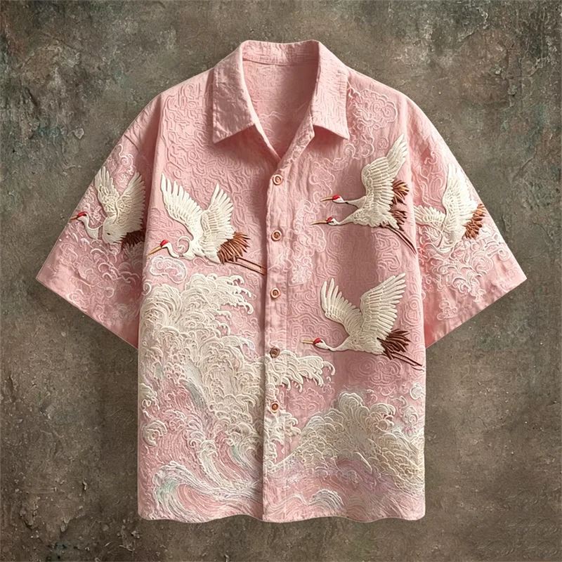 Embossed Flying Crane and Wave Printing Casual Short Sleeved Shirt