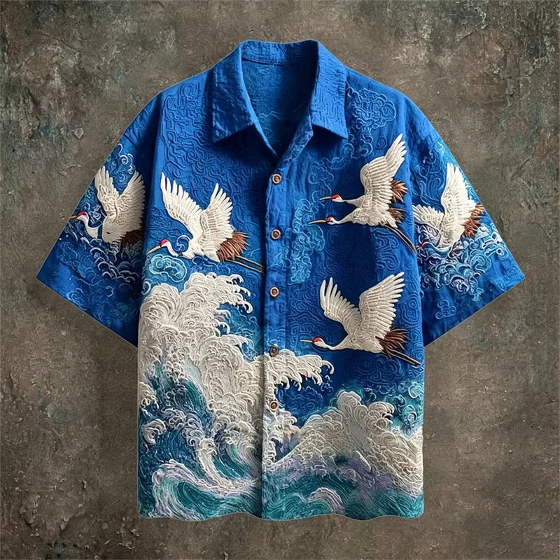 Embossed Flying Crane and Wave Printing Casual Short Sleeved Shirt