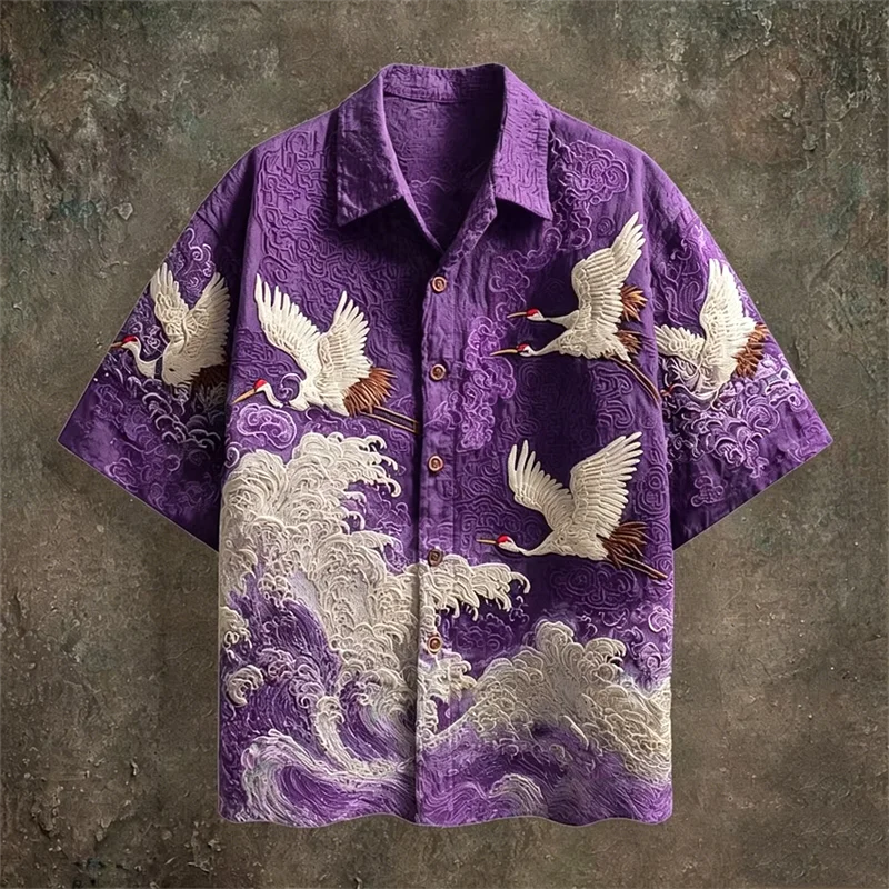 Embossed Flying Crane and Wave Printing Casual Short Sleeved Shirt