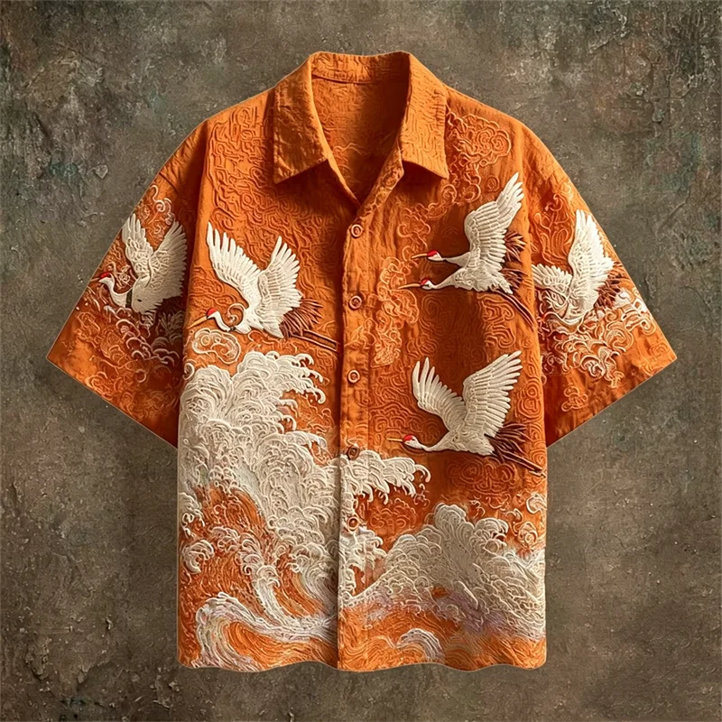 Embossed Flying Crane and Wave Printing Casual Short Sleeved Shirt