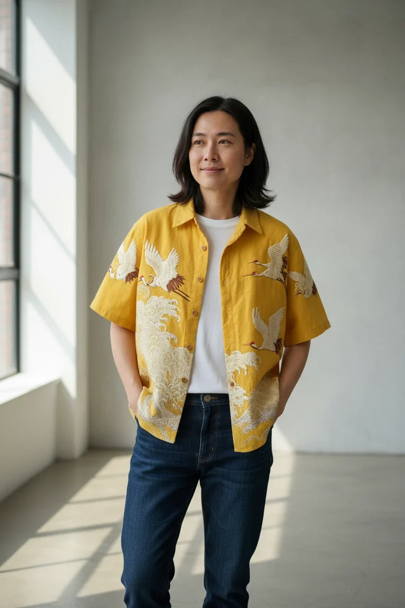 Embossed Flying Crane and Wave Printing Casual Short Sleeved Shirt