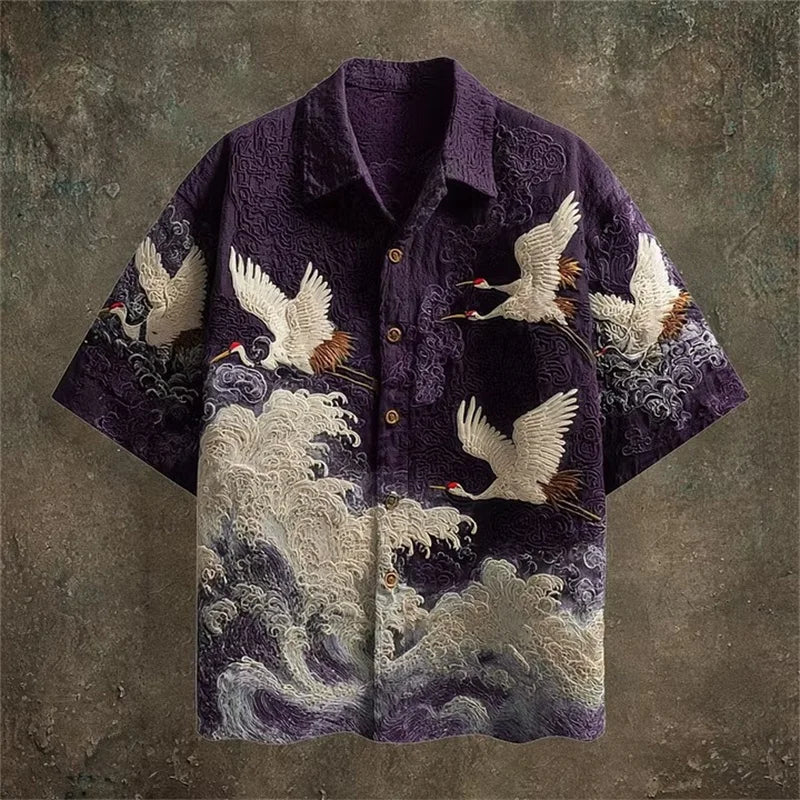 Embossed Flying Crane and Wave Printing Casual Short Sleeved Shirt
