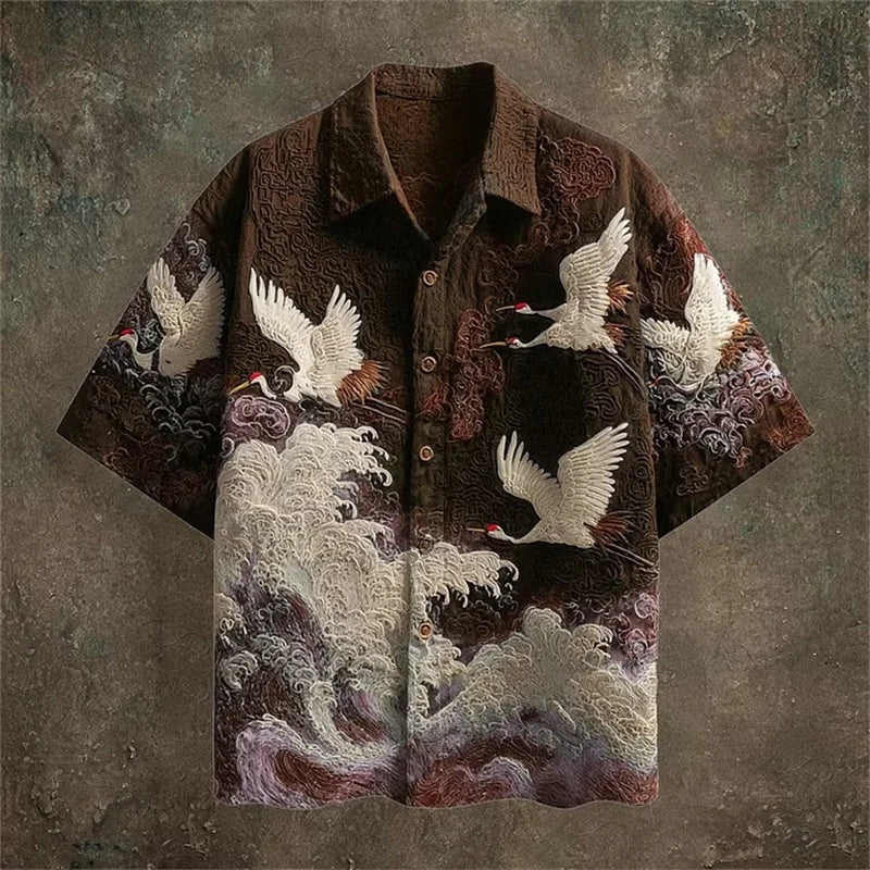 Embossed Flying Crane and Wave Printing Casual Short Sleeved Shirt